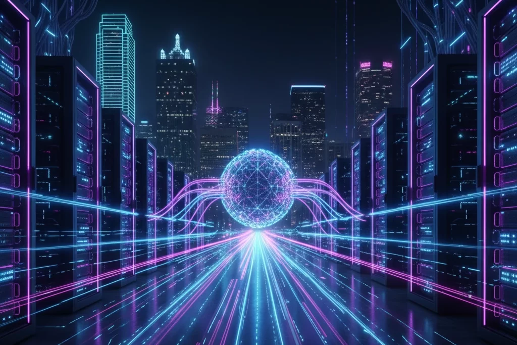 Fast technology sphere moving through downtown Dallas representing innovative IT services