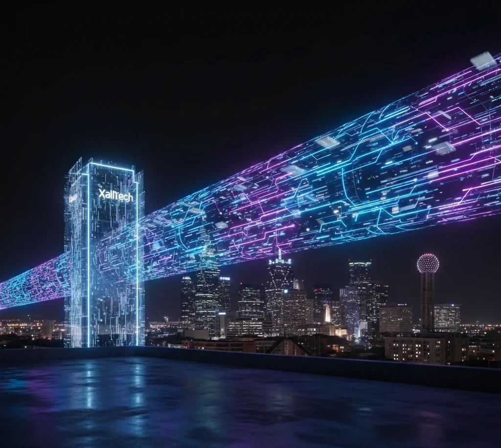 Dallas skyline with technology overlay representing managed IT services